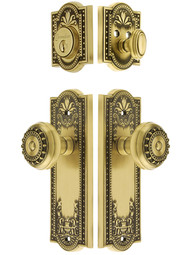 Grandeur Parthenon Entrance Door Set, Keyed Alike with Parthenon Knobs in Antique Brass.